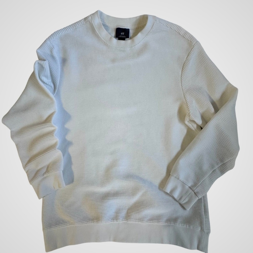 H&M Mens Regular Fit Ribbed Crewneck Sweatshirt White Textured Pullover Large